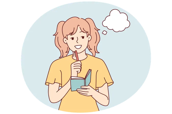 Smiling girl write in notebook dreaming  Illustration