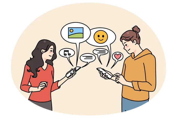 Smiling girls communicate online on smartphones  Illustration