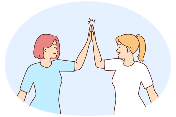 Smiling girls give high fives celebrating shared success  Illustration