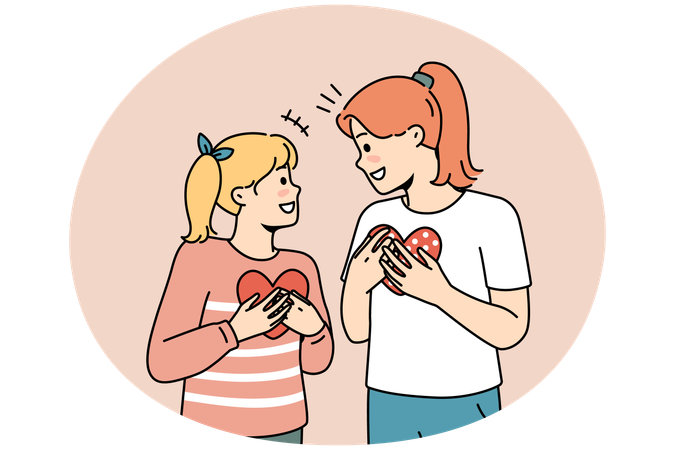 Smiling girls with paper hearts in hands  Illustration