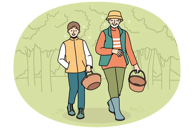 Smiling grandfather and grandson with baskets in forest  Illustration
