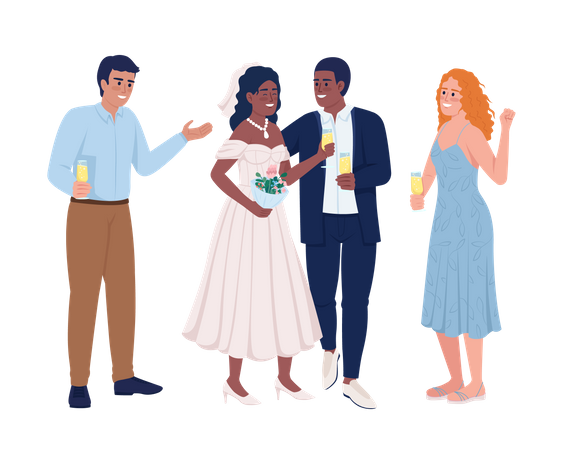 Smiling groom and bride with friends Illustration