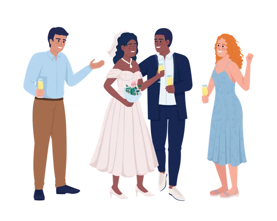 Smiling groom and bride with friends Illustration