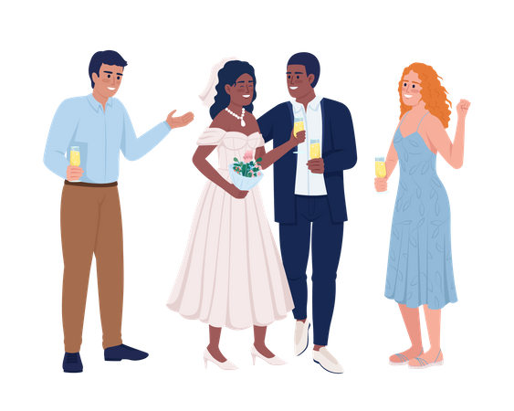 Smiling groom and bride with friends  Illustration