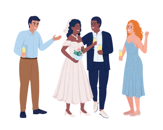 Smiling groom and bride with friends  Illustration