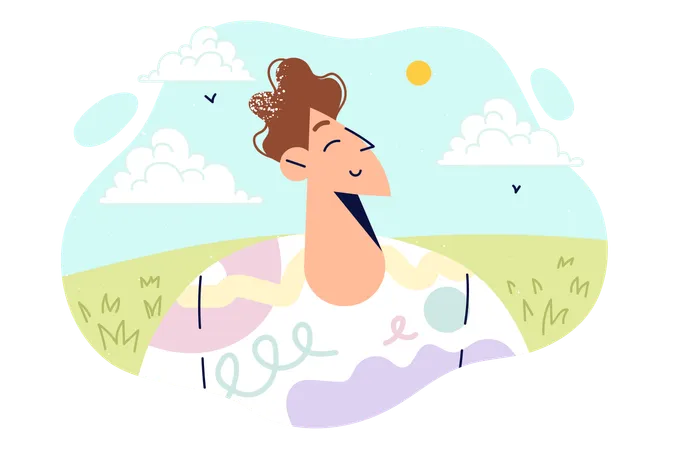 Smiling Guy Enjoying Summer Weather Standing On Lawn With Sunny Sky And Listening To Birds Singing Happy Man Feels Positive Emotions And Improved Mood Due To Onset Of Summer Season イラスト