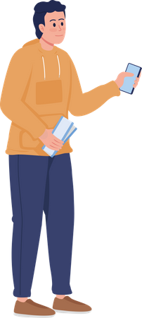 Smiling guy holding airline ticket and smartphone Illustration