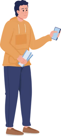 Smiling guy holding airline ticket and smartphone  Illustration