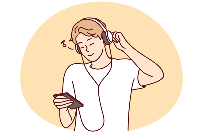Smiling guy in earphones listen music on mobile  Illustration