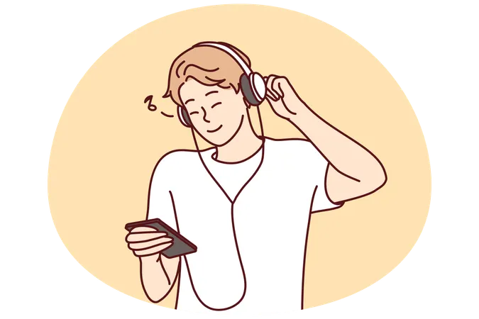 Smiling guy in earphones listen music on mobile  Illustration