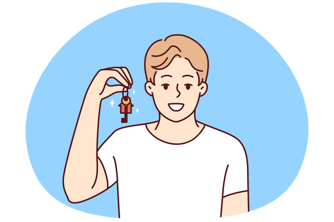 Smiling guy show key to new house  Illustration