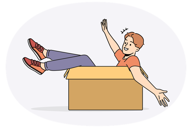 Smiling guy sitting in carton box  Illustration