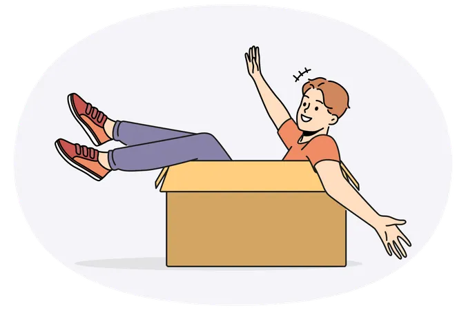 Smiling guy sitting in carton box  Illustration