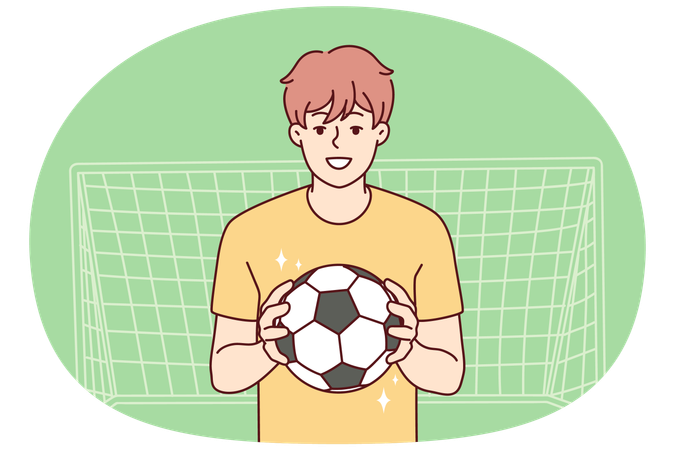 Smiling guy with football ball in hands  Illustration