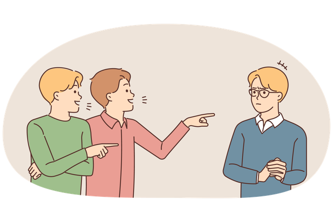 Smiling guys point at mate in glasses mocking  Illustration
