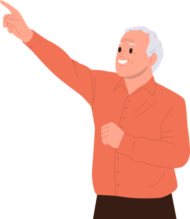 Smiling happily senior man looking up and pointing with index finger  Illustration