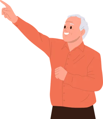 Smiling happily senior man looking up and pointing with index finger  Illustration