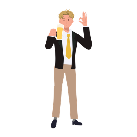 Smiling Happy Businessman Making OK Hand Sign with Beer  Illustration