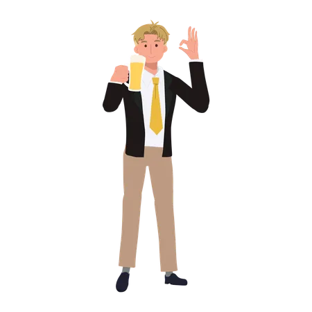 Smiling Happy Businessman Making OK Hand Sign with Beer  Illustration