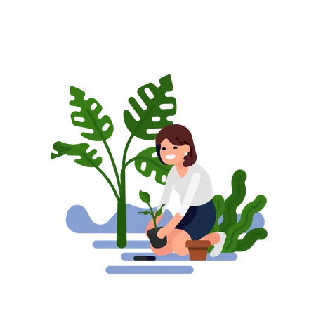 Smiling happy woman in white shirt and skirt planting a small sprout with leave into the ground  Illustration