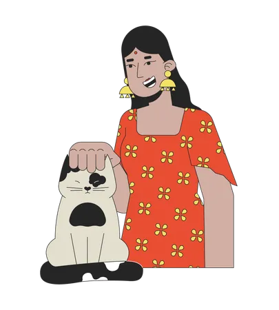 Smiling Hindu Woman Stroking Cat 2 D Linear Cartoon Character Indian Lady Wearing Bindi Scratching Kitten Head Isolated Line Vector Person White Background Pet Lover Color Flat Spot Illustration Illustration