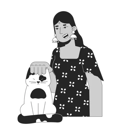 Smiling Hindu Woman Stroking Cat Black And White 2 D Line Cartoon Character Indian Lady Wearing Bindi Scratching Kitten Isolated Vector Outline Person Pet Lover Monochromatic Flat Spot Illustration Illustration