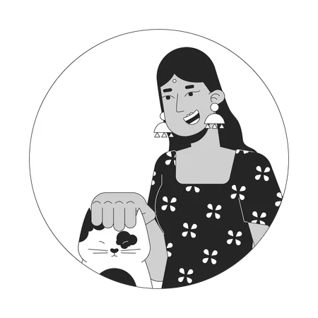 Smiling Hindu Woman Stroking Cat Black And White 2 D Vector Avatar Illustration Indian Lady Wearing Bindi Scratching Kitten Outline Cartoon Character Face Isolated Pet Lover Flat User Profile Image Illustration