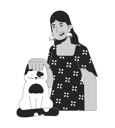 Smiling hindu woman stroking cat  Illustration