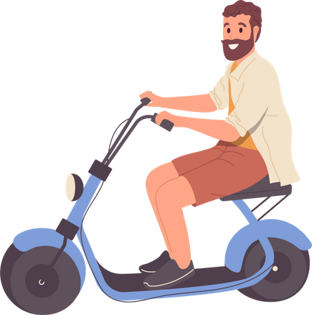 Smiling hipster man character riding speed electric scooter motorbike  일러스트레이션