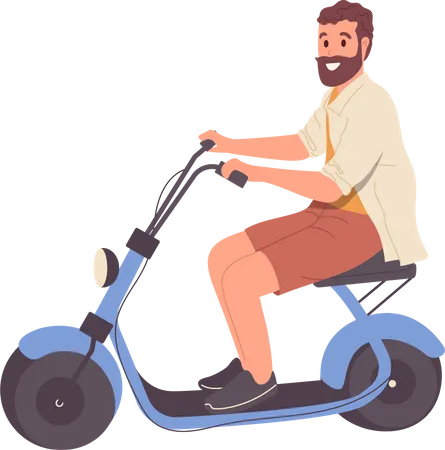 Smiling Hipster Man Riding Speed Modern Electric Motorbike Isolated On White Background Vector Illustration Of Male Biker Cartoon Character Enjoying Travel Driving Futuristic Electro Scooter Illustration