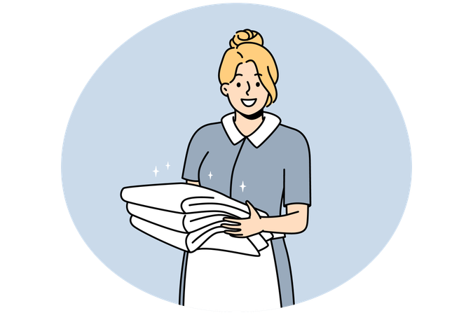 Smiling housekeeper in uniform holding stack of towels  Illustration