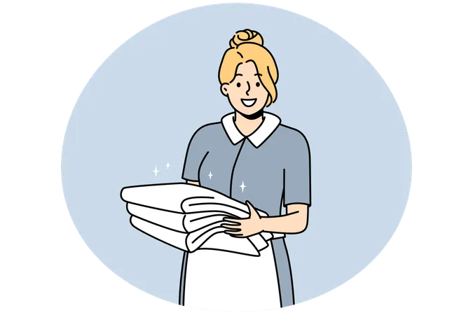 Smiling housekeeper in uniform holding stack of towels  Illustration