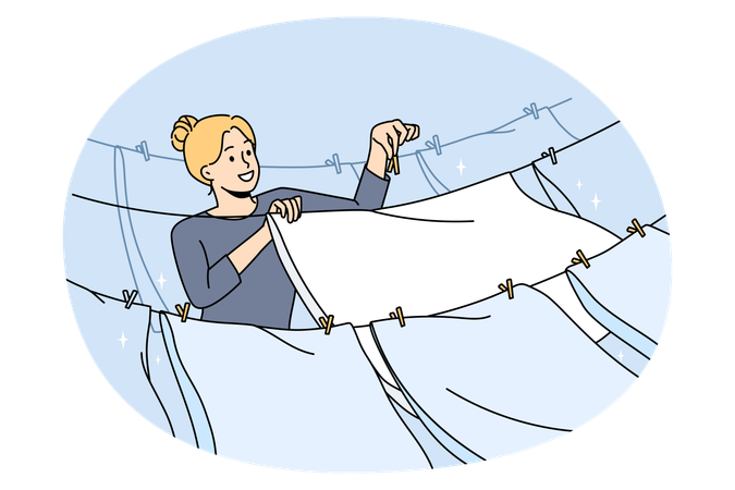 Smiling housewife hang wet clothes on rope outdoors  Illustration
