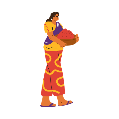 赤いスパイスが詰まったバスケットを運ぶ笑顔のインド人女性  イラスト