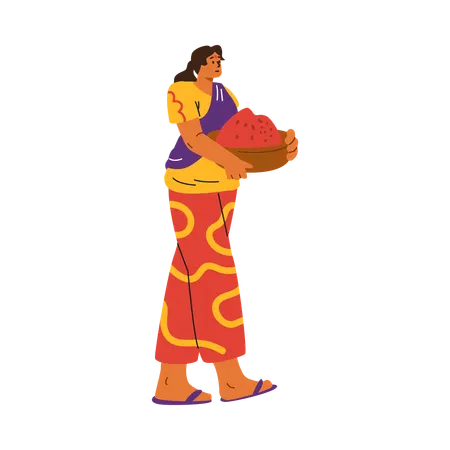 赤いスパイスが詰まったバスケットを運ぶ笑顔のインド人女性  イラスト