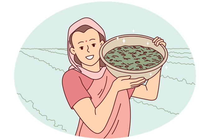 Smiling indian woman with crop in field  Illustration