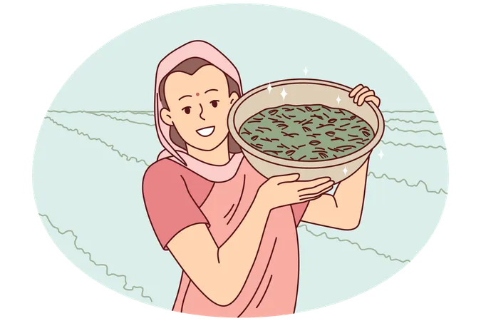 Smiling indian woman with crop in field  Illustration