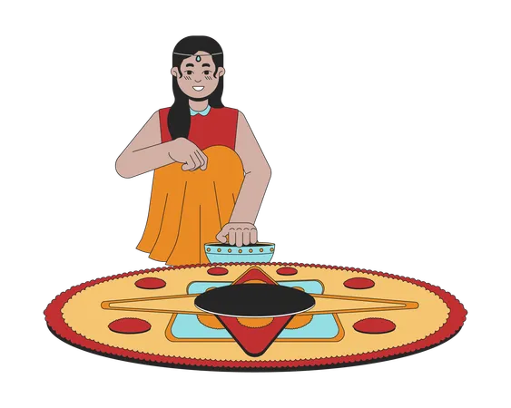 Smiling Indian Young Girl Making Kolam 2 D Linear Cartoon Character South Asian Female Isolated Line Vector Person White Background Hindu Festival Of Lights Deepawali Color Flat Spot Illustration Illustration