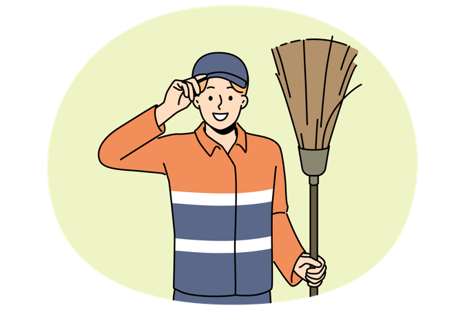 Smiling janitor in uniform saluting  Illustration