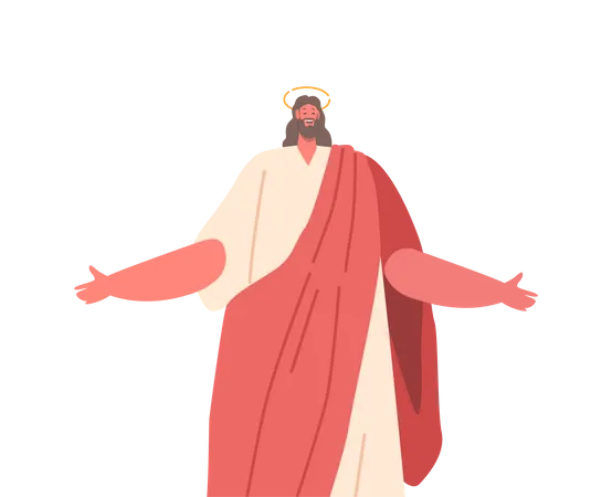 Smiling Jesus Character With Joyful Expression Outstretched Arms Radiating Love And Warmth Smiling And Joyful Jesus Exudes Happiness Positivity Bringing Hope Cartoon People Vector Illustration イラスト