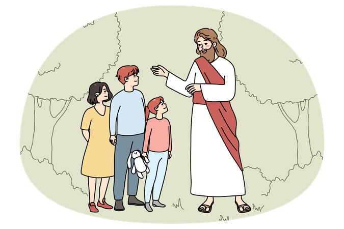 Smiling Jesus talking with kids in garden  Illustration