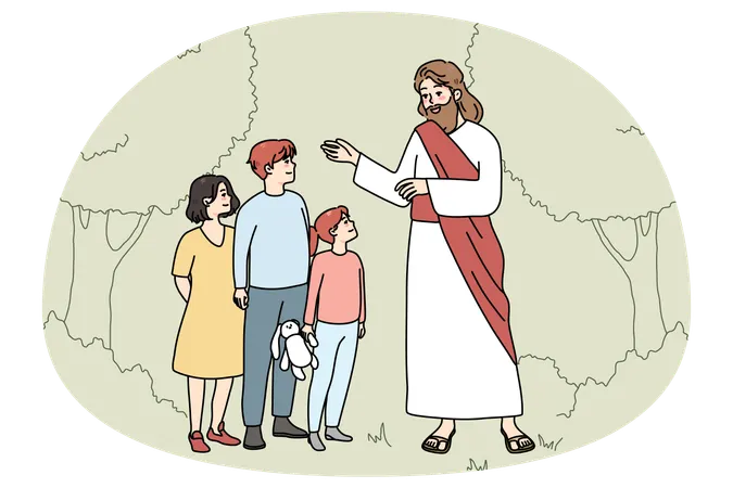Smiling Jesus talking with kids in garden  Illustration