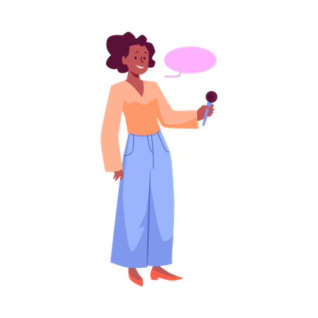 Smiling journalist woman holding microphone  Illustration