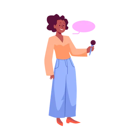 Smiling journalist woman holding microphone  Illustration