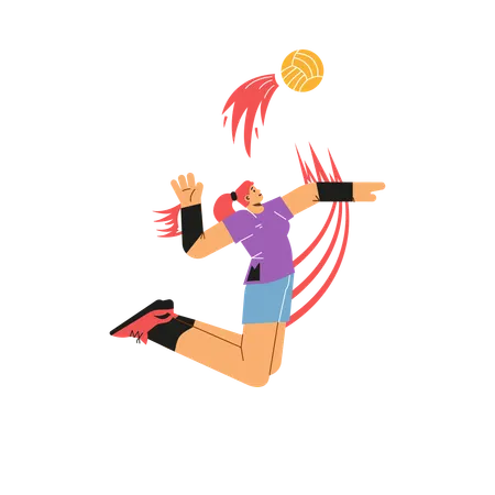 Smiling jumping girl hitting volleyball with one hand  Illustration