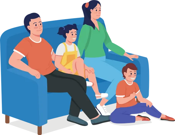 Smiling Kids Spending Time With Parents Semi Flat Color Vector Characters Full Body People On White Watching Tv Together Isolated Modern Cartoon Style Illustration For Graphic Design And Animation Illustration