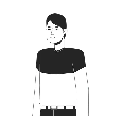 Smiling Korean Man In Casual Clothes Black And White 2 D Line Cartoon Character Relaxed Posing Isolated Vector Outline Person Cheerful Asian Male Tidy Neat Outfit Monochromatic Flat Spot Illustration Illustration