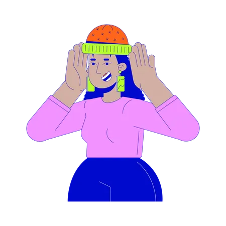 Smiling latin american woman putting on hat  Illustration