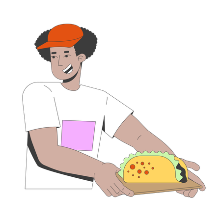 Smiling latino street food vendor offering taco on tray  Illustration