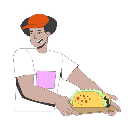 Smiling latino street food vendor offering taco on tray  Illustration